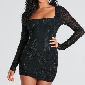 Black Rhinestone Long Sleeve Mini Dress